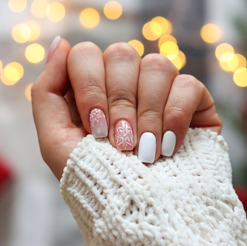 Soft Pink and White with Subtle Snowflakes — Classy Winter Nails