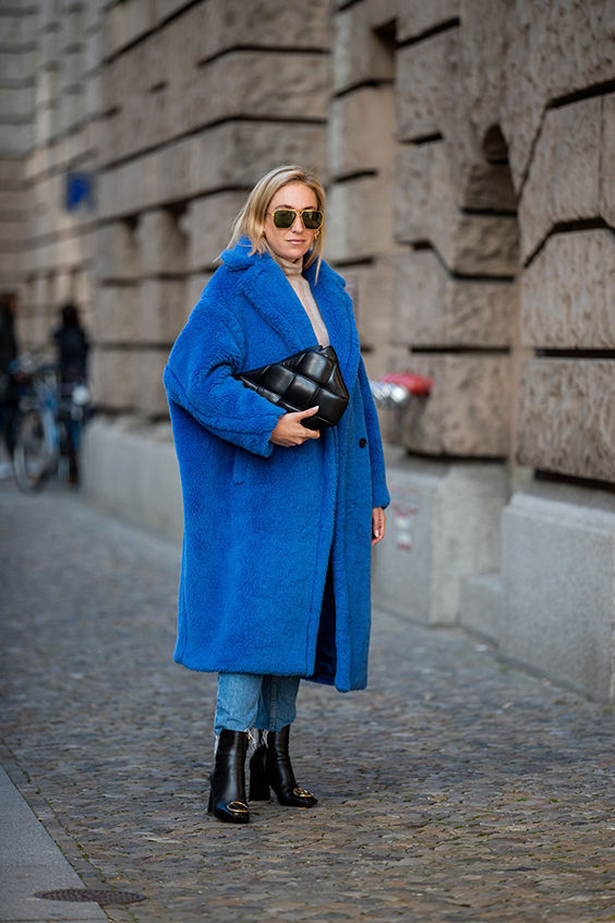 Vibrant Blue Teddy Coat with Beige and Denim — Teddy Coat Outfits