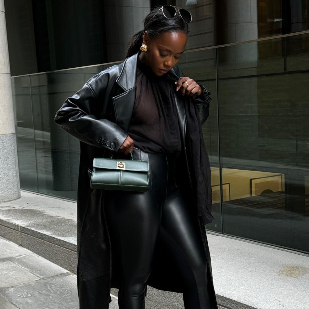 Black Leather Trench Coat with Sheer Blouse and Leather Pants Black Leather Trench Coat with Sheer Blouse and Leather Pants — Leather Pants Outfits