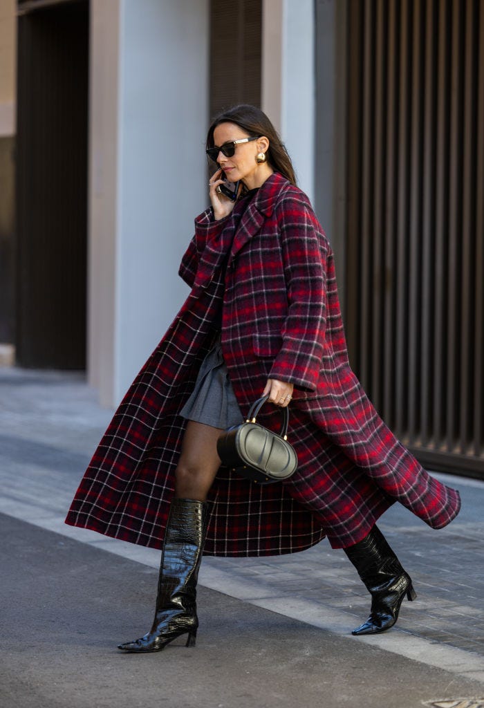 Oversized Plaid Long Coat with Pleated Mini Skirt and Knee-High Boots — Long Coat Outfits