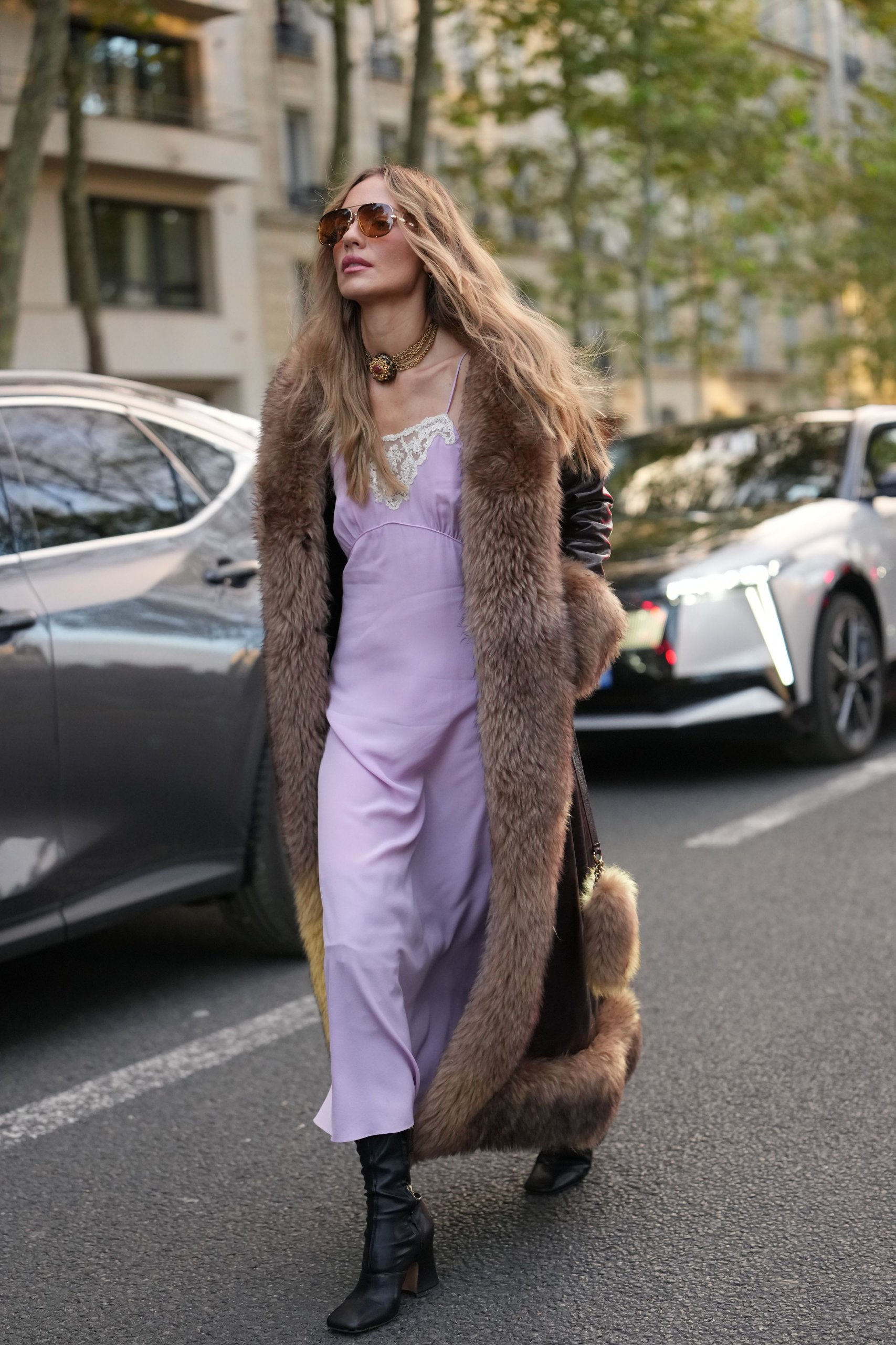 Elegant Evening: Lilac Slip Dress, Fur Coat, and Black Boots Elegant Evening: Lilac Slip Dress, Fur Coat, and Black Boots — Over the Knee Boots Outfits