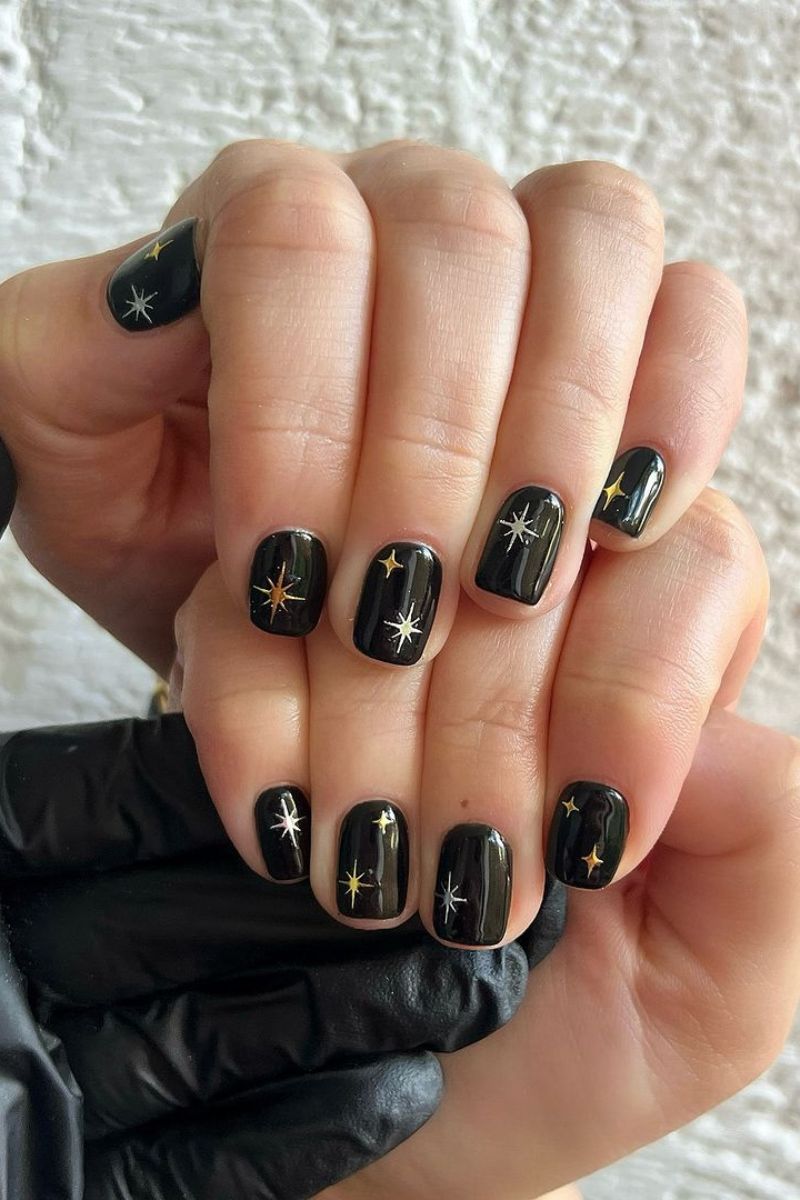 Gold And Silver Star Decals On All Nails Glossy Black with Star Decals — Winter Black Nails