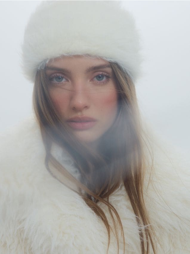 Luxurious Texture: Off-White Fur Hat and Coat Set — Fur Hat Outfits