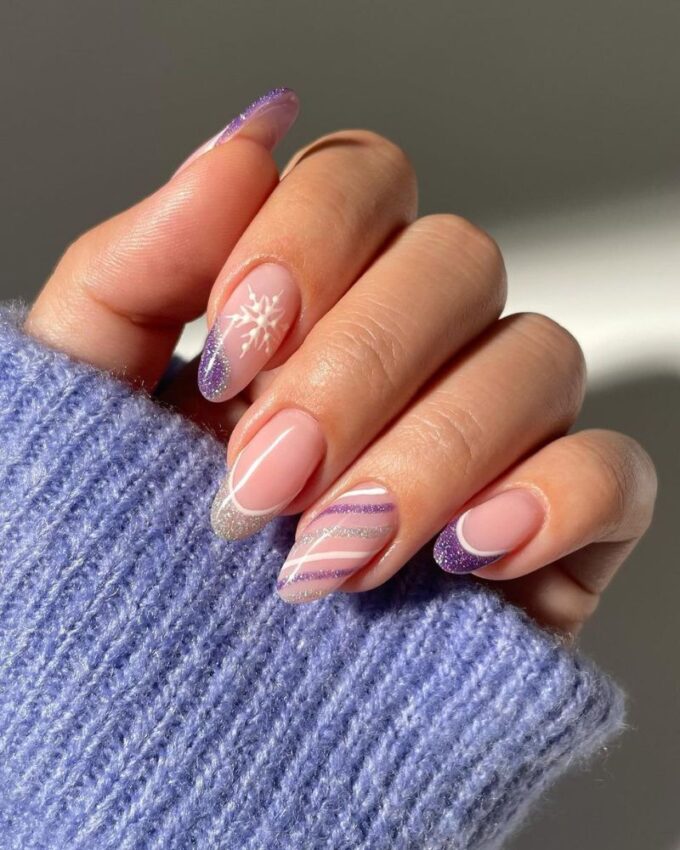 Sheer Pink Glitter French Almonds — Winter Glitter Nails