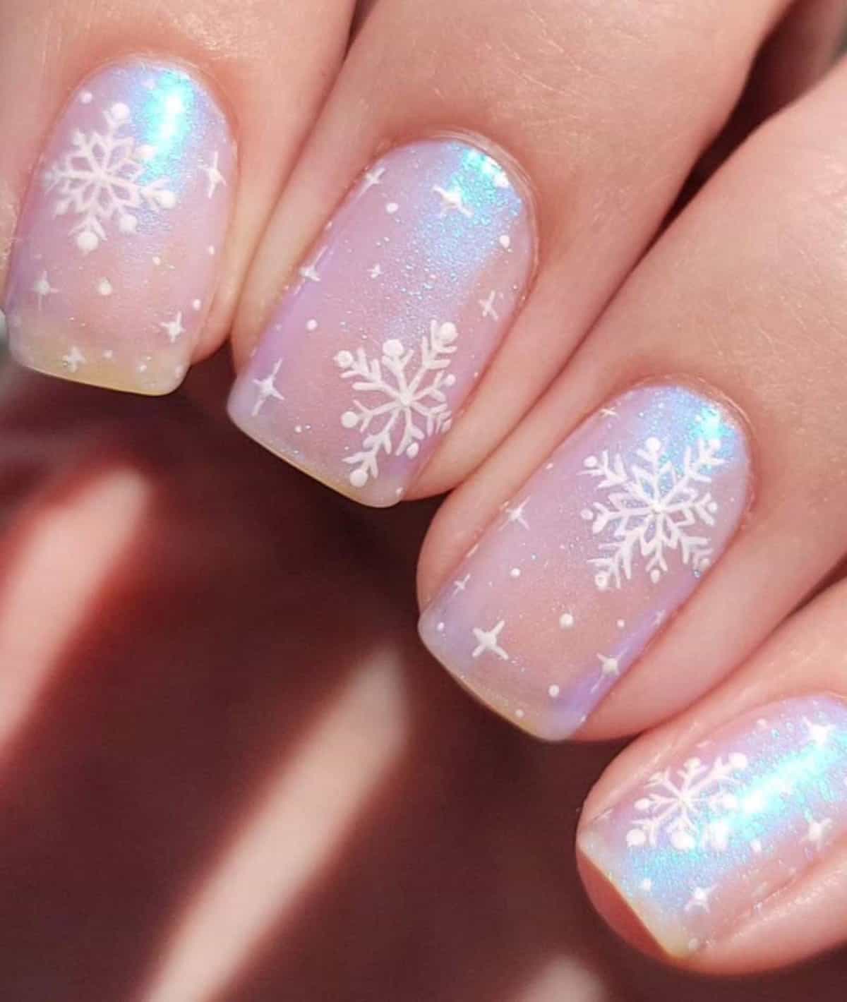 Pale Pink Iridescent Snowflake Nails — Cute Winter Nails