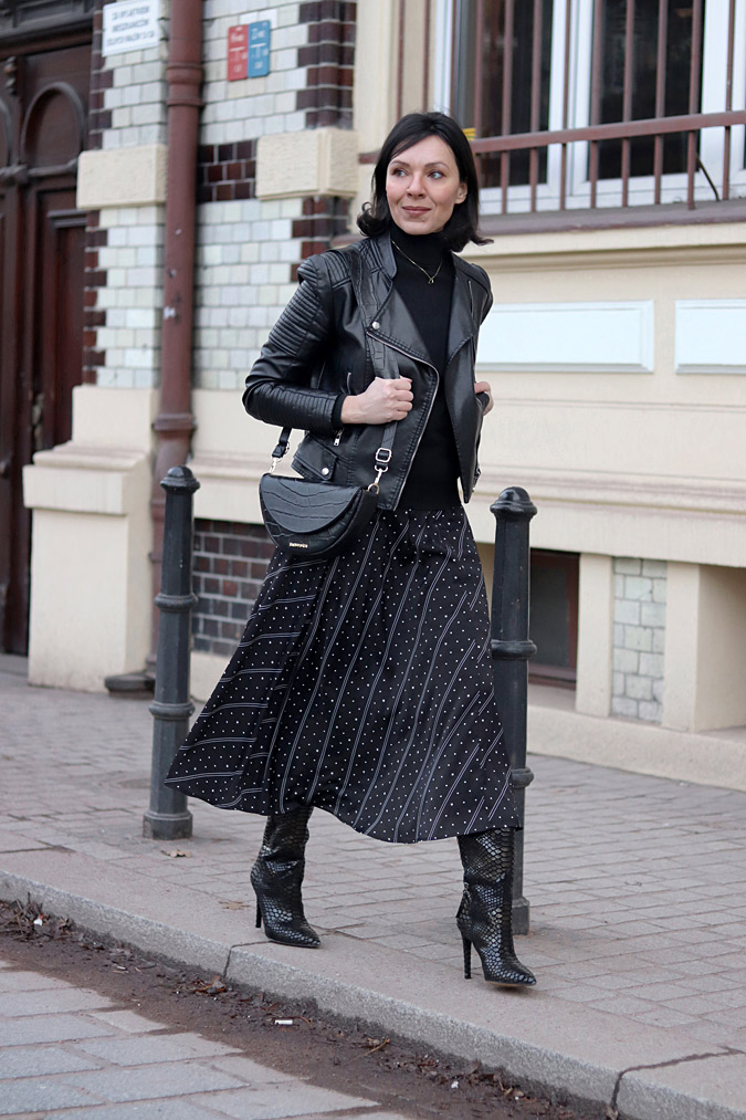 Patterned Midi Skirt with a Leather Biker Jacket — Winter Skirt Outfits