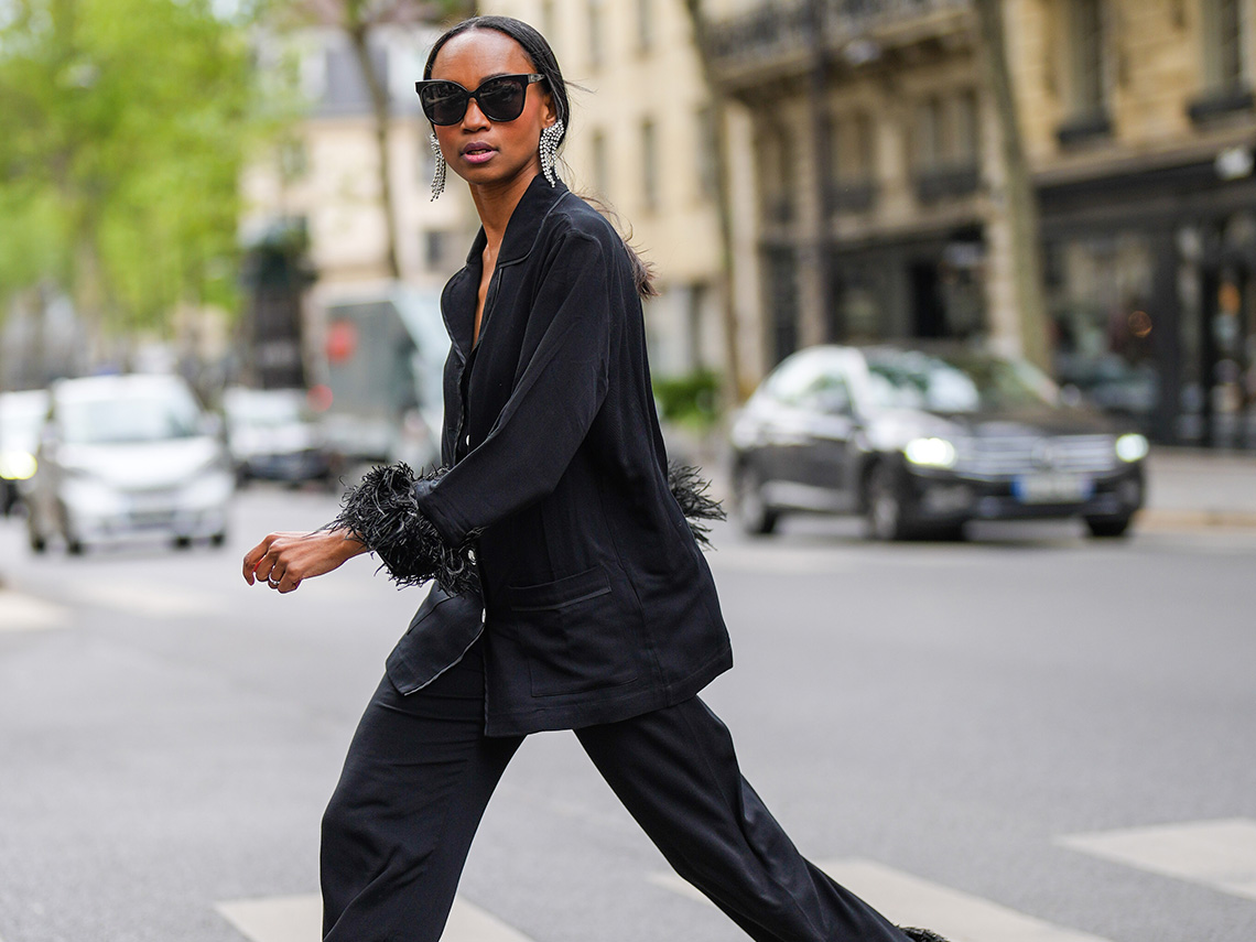 Black Blazer with Feather Trim and Matching Trousers Black Blazer with Feather Trim and Matching Trousers — Winter to Spring Transition Outfits