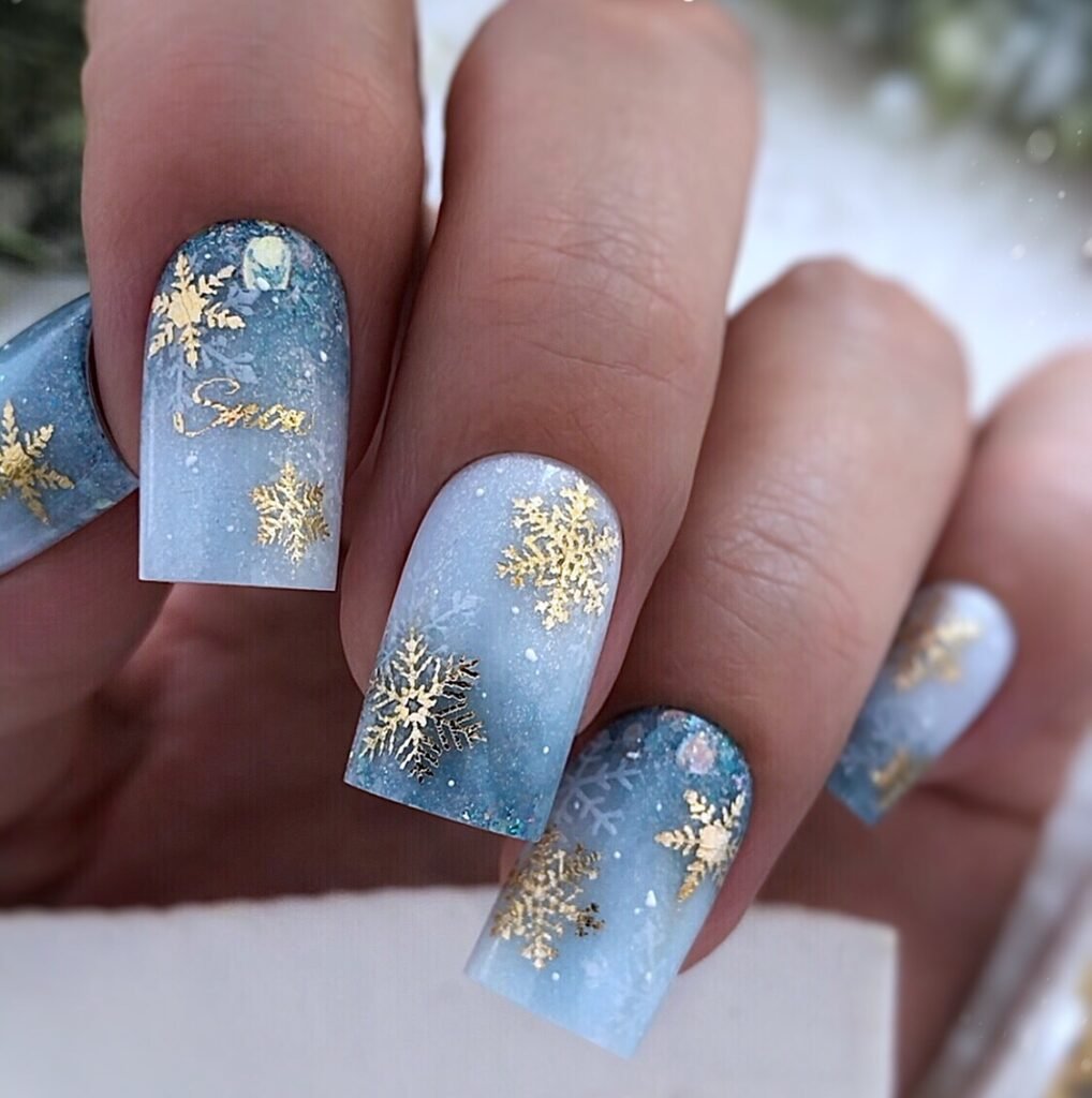 Frosted Sky Snowflake Square Nails — Winter Glitter Nails