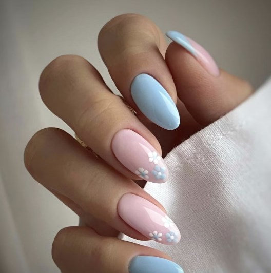 Pastel Pink and Blue with Floral Accents Pastel Pink and Blue with Floral Accents — Pastel Winter Nails