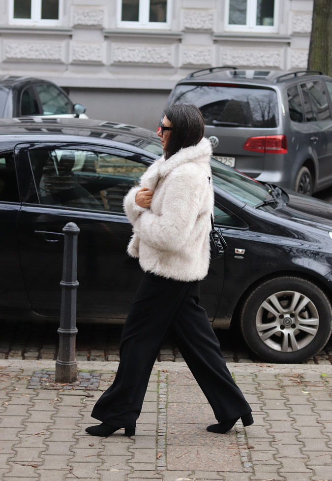 Sharp Contrast: Cropped White Faux Fur Coat with Black Trousers Sharp Contrast: Cropped White Faux Fur Coat with Black Trousers — Faux Fur Coat Outfits