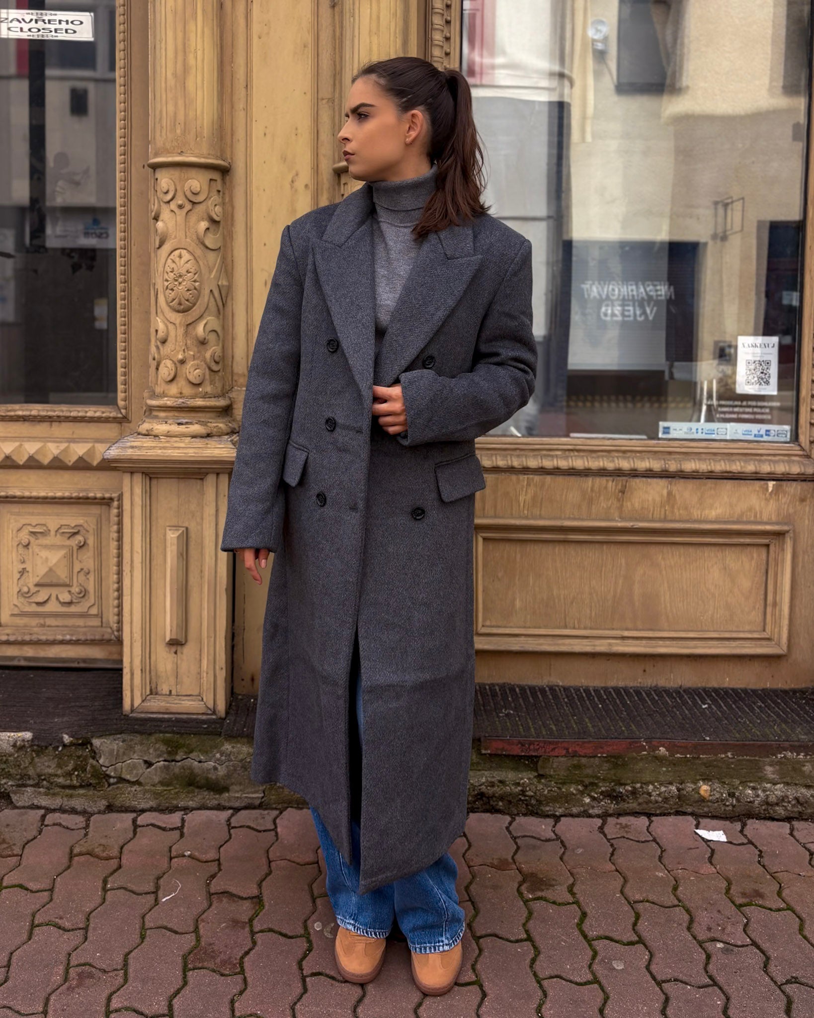 Dark Grey Wool Coat Paired with Suede Boots Dark Grey Wool Coat Paired with Suede Boots — Wool Coat Outfits