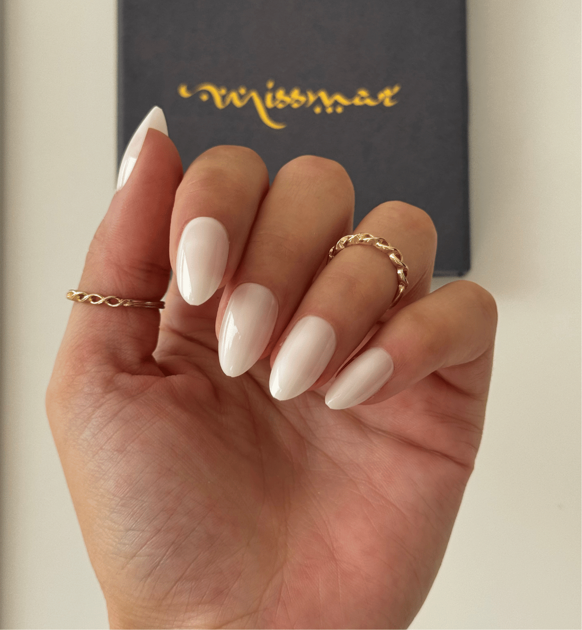 Milky White Olive Green Dot Almond Nails — Winter Almond Nails