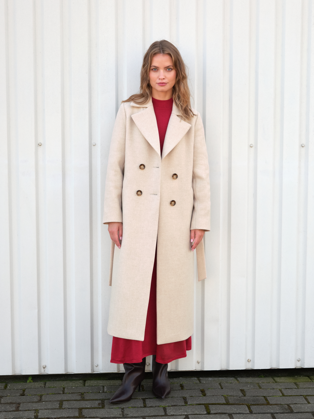 Textured Cream Coat with a Red Dress Textured Cream Coat with a Red Dress — Peacoat Outfits
