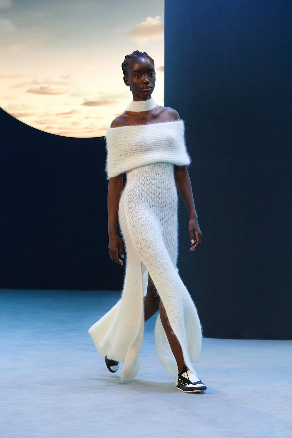 Off-the-Shoulder Cream Knit Dress with High Slit Off-the-Shoulder Cream Knit Dress with High Slit — Winter White Outfits