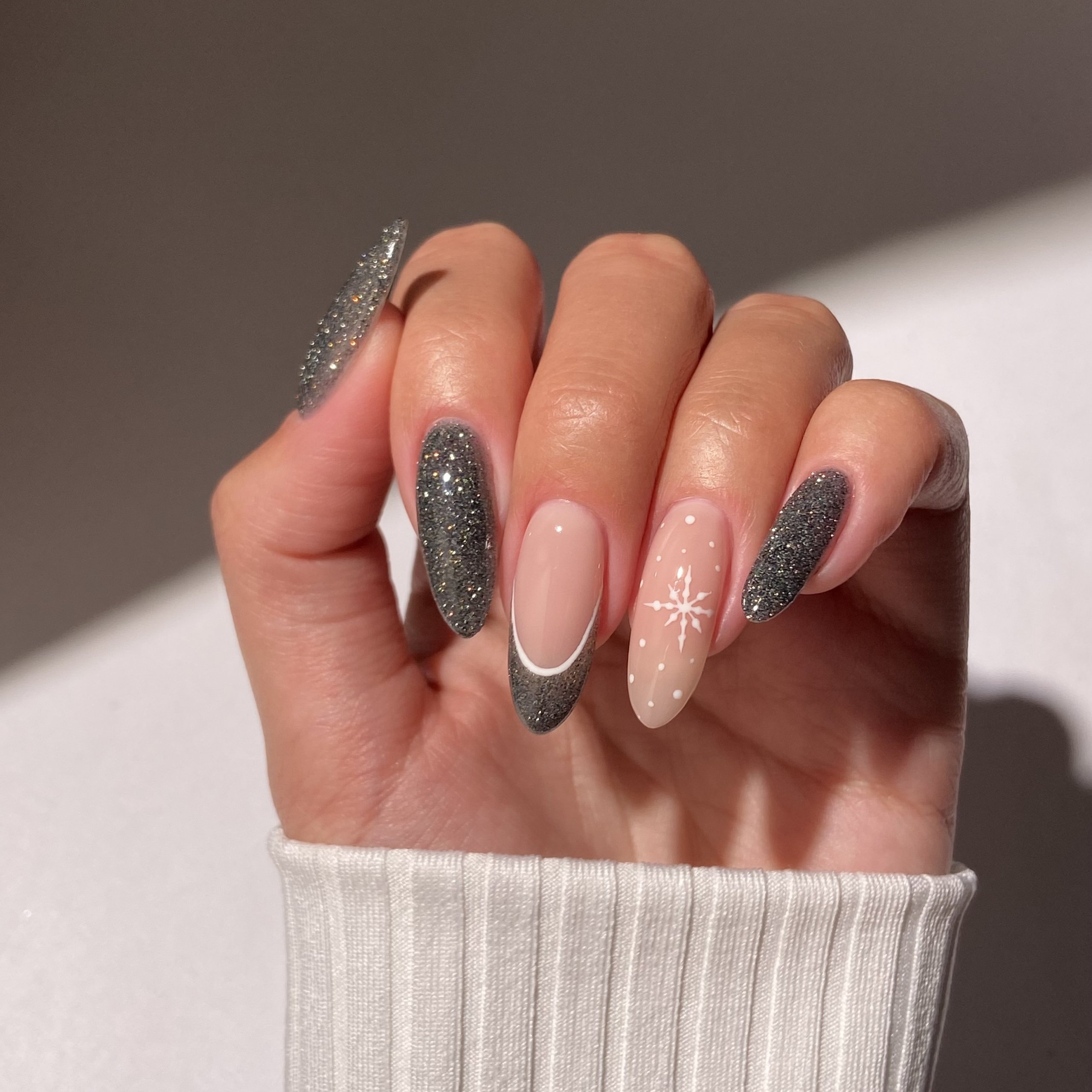 Nude French with Grey Glitter and Snowflake — Classy Winter Nails