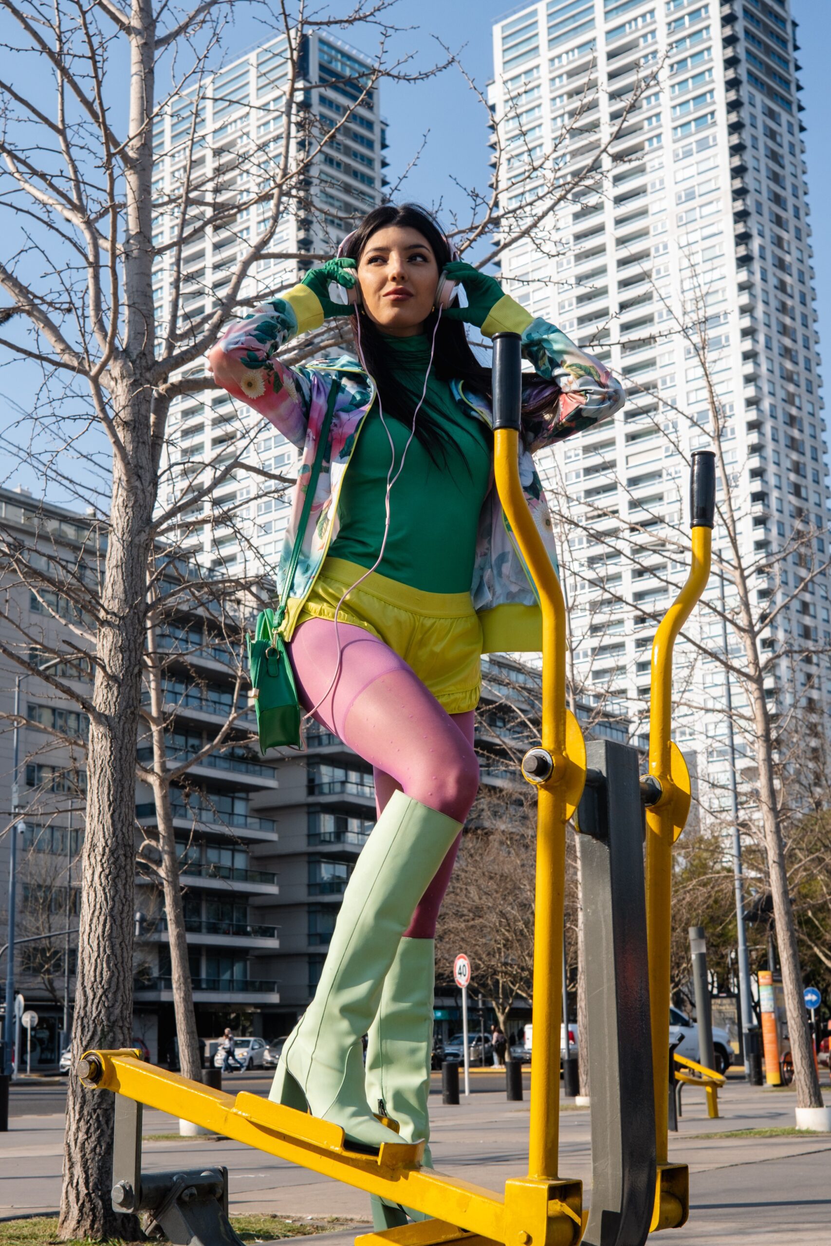 Vibrant Pink Tights Paired with a Bold Floral Jacket Vibrant Pink Tights Paired with a Bold Floral Jacket — Tights Outfits