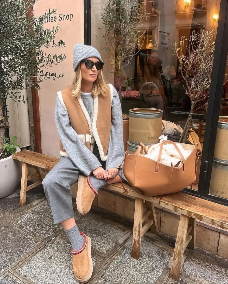 Tan Clogs with Shearling Vest and Knit Sweater — Winter Boots Outfits