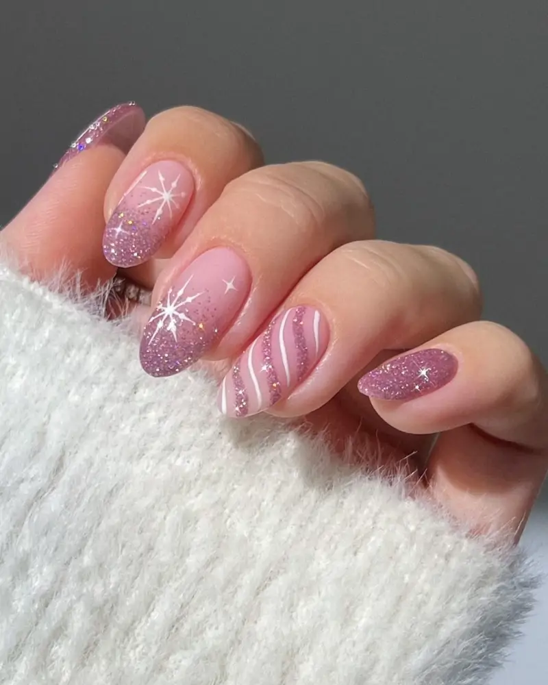 Silver Glitter Gradient Snowflake Almond Silver Glitter Gradient Snowflake Almond — Winter Nail Colors for Women Over 60