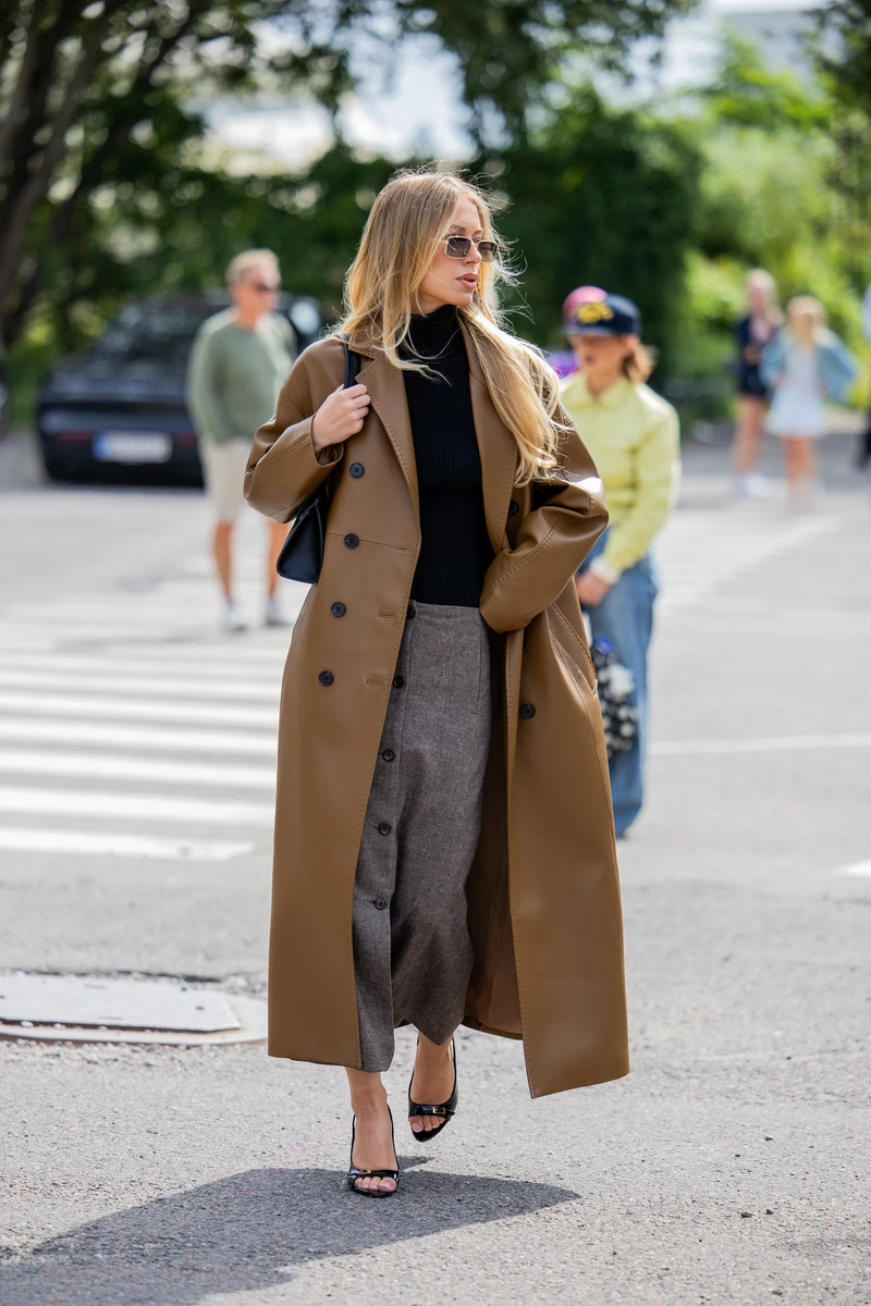 Sleek Brown Leather Trench Coat with Midi Skirt — Long Coat Outfits