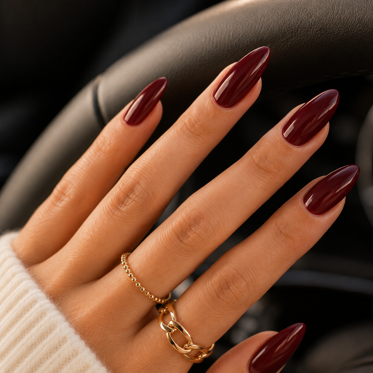 Deep Burgundy Glossy Almond Nails — Winter Almond Nails