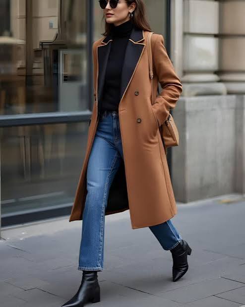 Camel Coat with Black Lapels and Jeans — Camel Coat Outfits