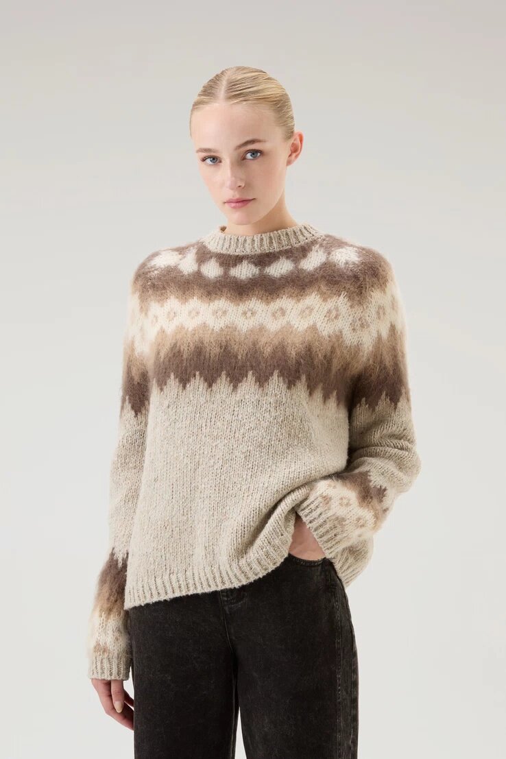 Classic Beige and Brown Fair Isle Crewneck Sweater Detail Classic Beige and Brown Fair Isle Crewneck Sweater Detail — Fair Isle Sweater Outfits