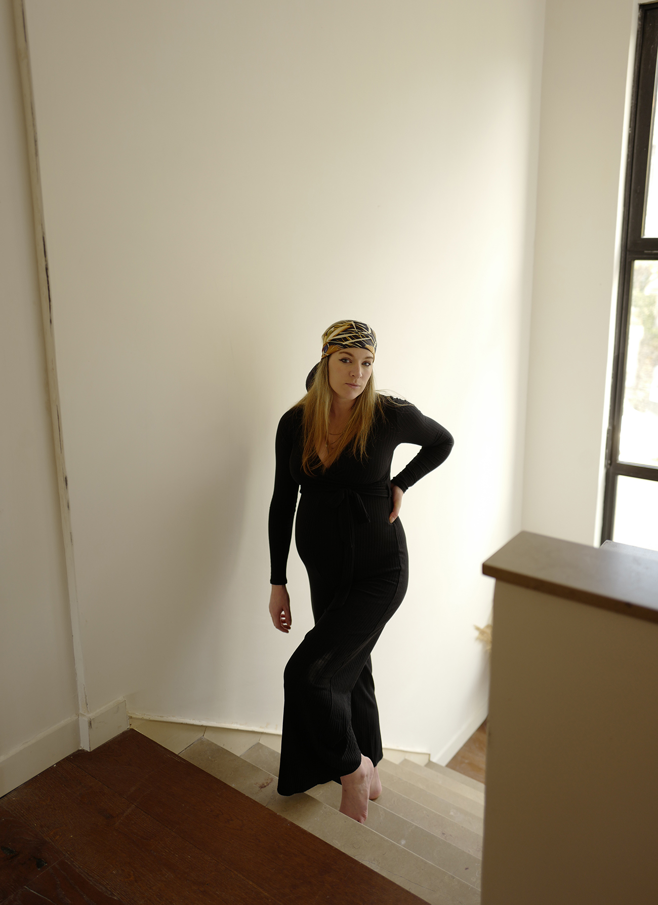 Black Ribbed Knit Wrap Jumpsuit with Headscarf Black Ribbed Knit Wrap Jumpsuit with Headscarf — Winter Maternity Outfits