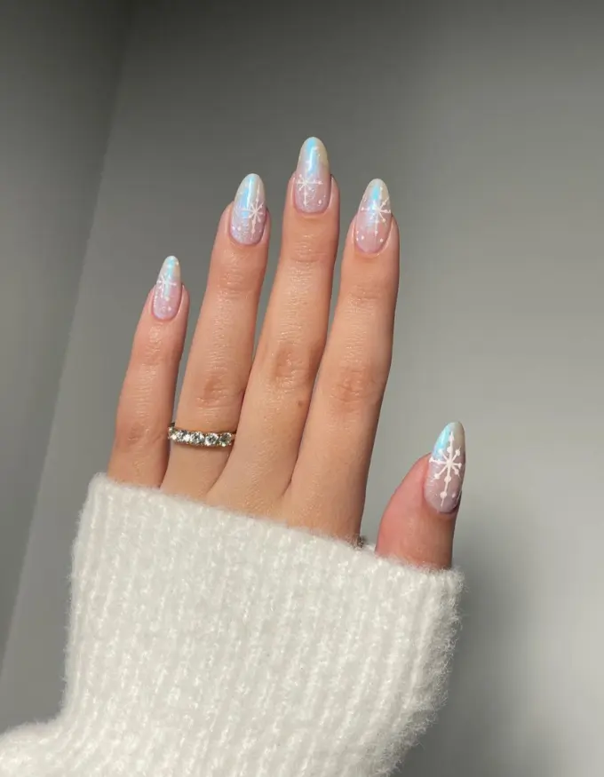 Shimmer Iridescent Iridescent Pale Blue Snowflake Nails — Cute Winter Nails
