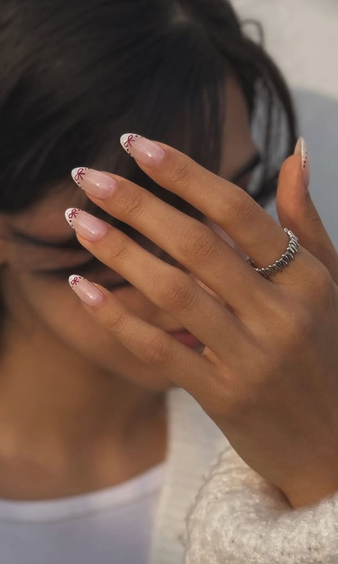 Medium Almond White Tips with Red Bows — Winter French Tip Nails