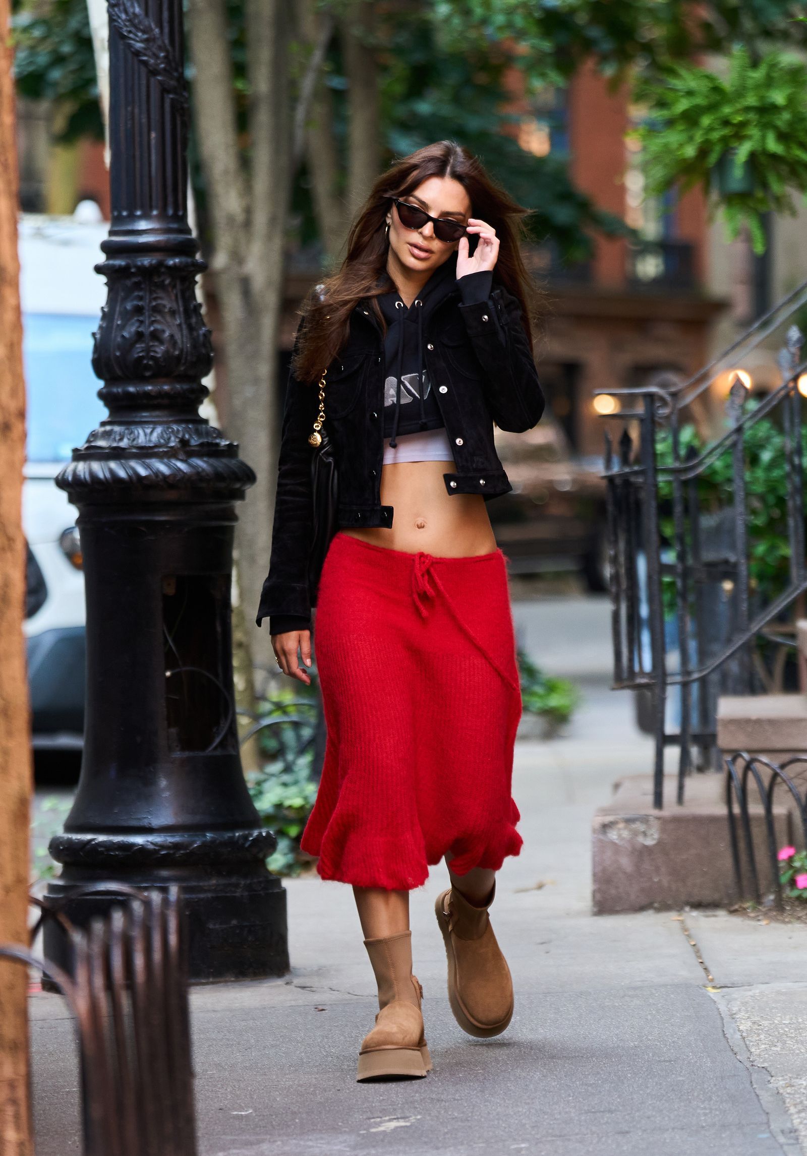 Red Knit Midi Skirt and Black Jacket with Platform Uggs Red Knit Midi Skirt and Black Jacket with Platform Uggs — Ugg Boots Outfits
