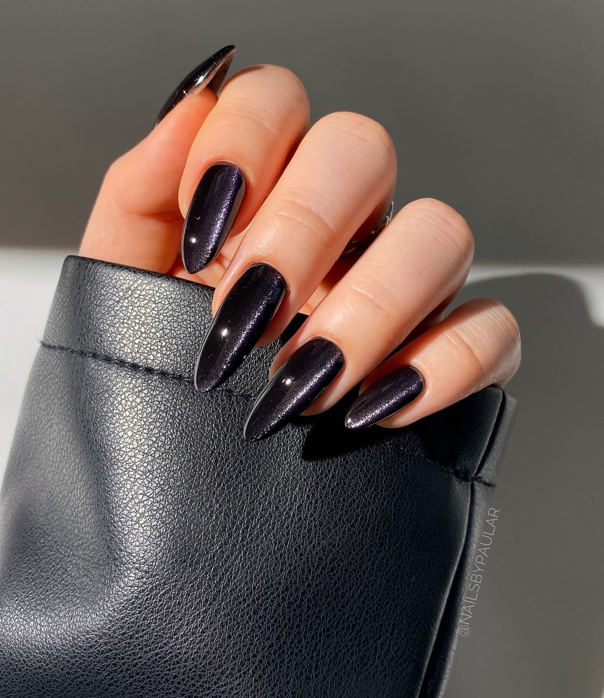Shimmering Deep Black Stilettos — Winter Black Nails