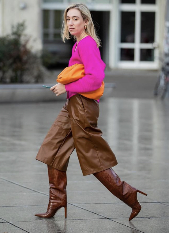 Hot Pink Sweater with Brown Faux Leather Culottes Hot Pink Sweater with Brown Faux Leather Culottes — Winter Date Night Outfits