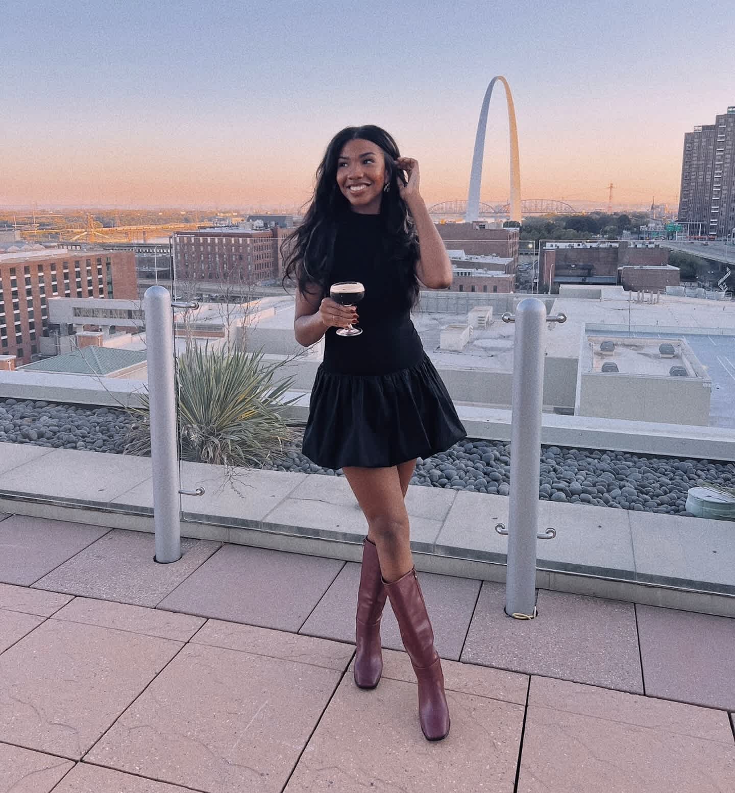 Fit-and-Flare Black Dress with Burgundy Knee-High Boots Fit-and-Flare Black Dress with Burgundy Knee-High Boots — Winter Dinner Outfits