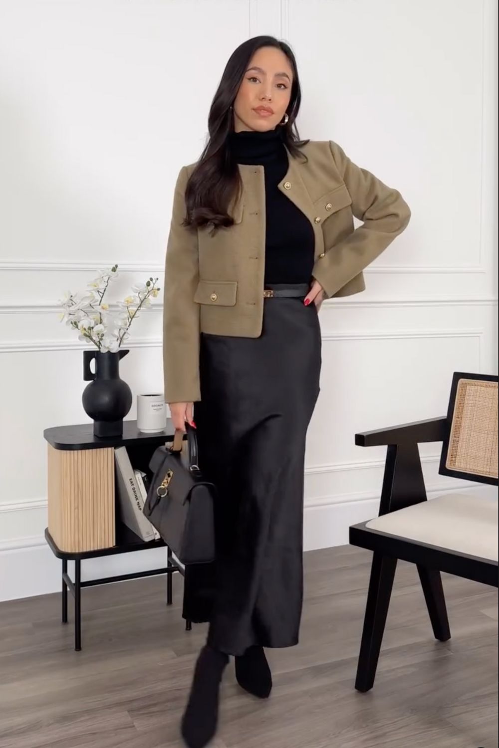 Khaki Cropped Jacket with Satin Skirt for a Chic Work Ensemble Khaki Cropped Jacket with Satin Skirt for a Chic Work Ensemble — Winter Work Outfits