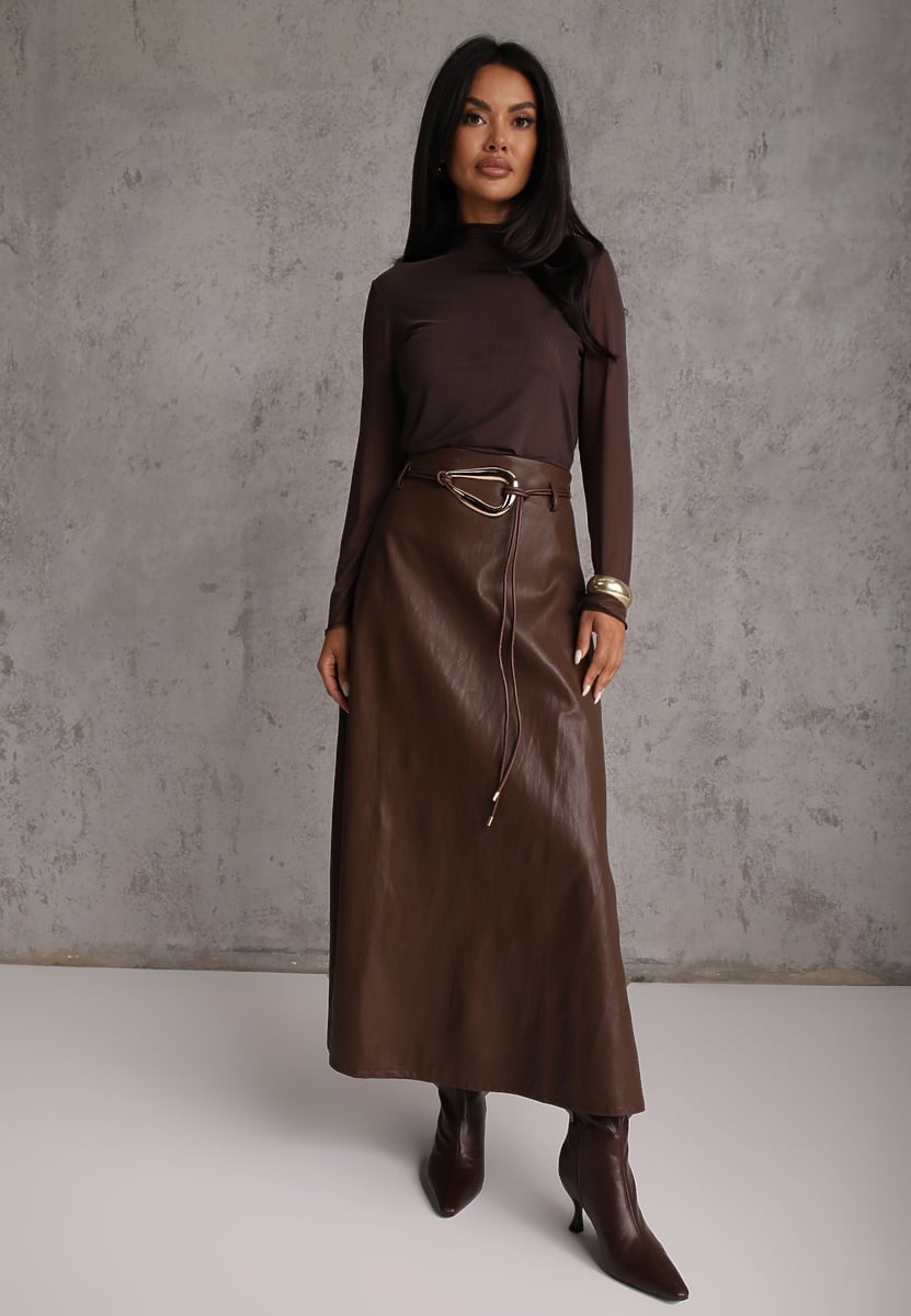 Brown Faux Leather Maxi Skirt with Mock Neck Top — Winter Skirt Outfits