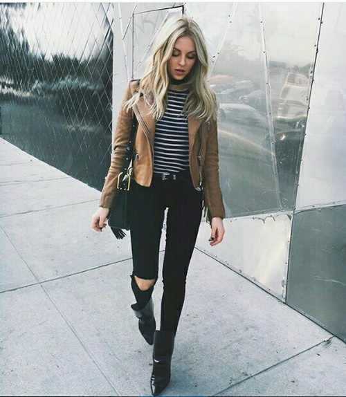 Brown Suede Moto Jacket and Striped Tee — Winter School Outfits