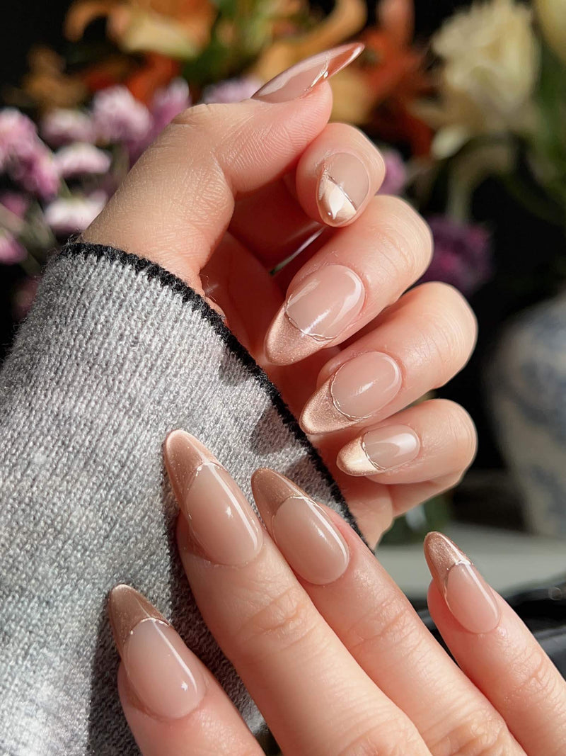 Sheer Nude with Metallic Gold French Tips — Winter Nude Nails