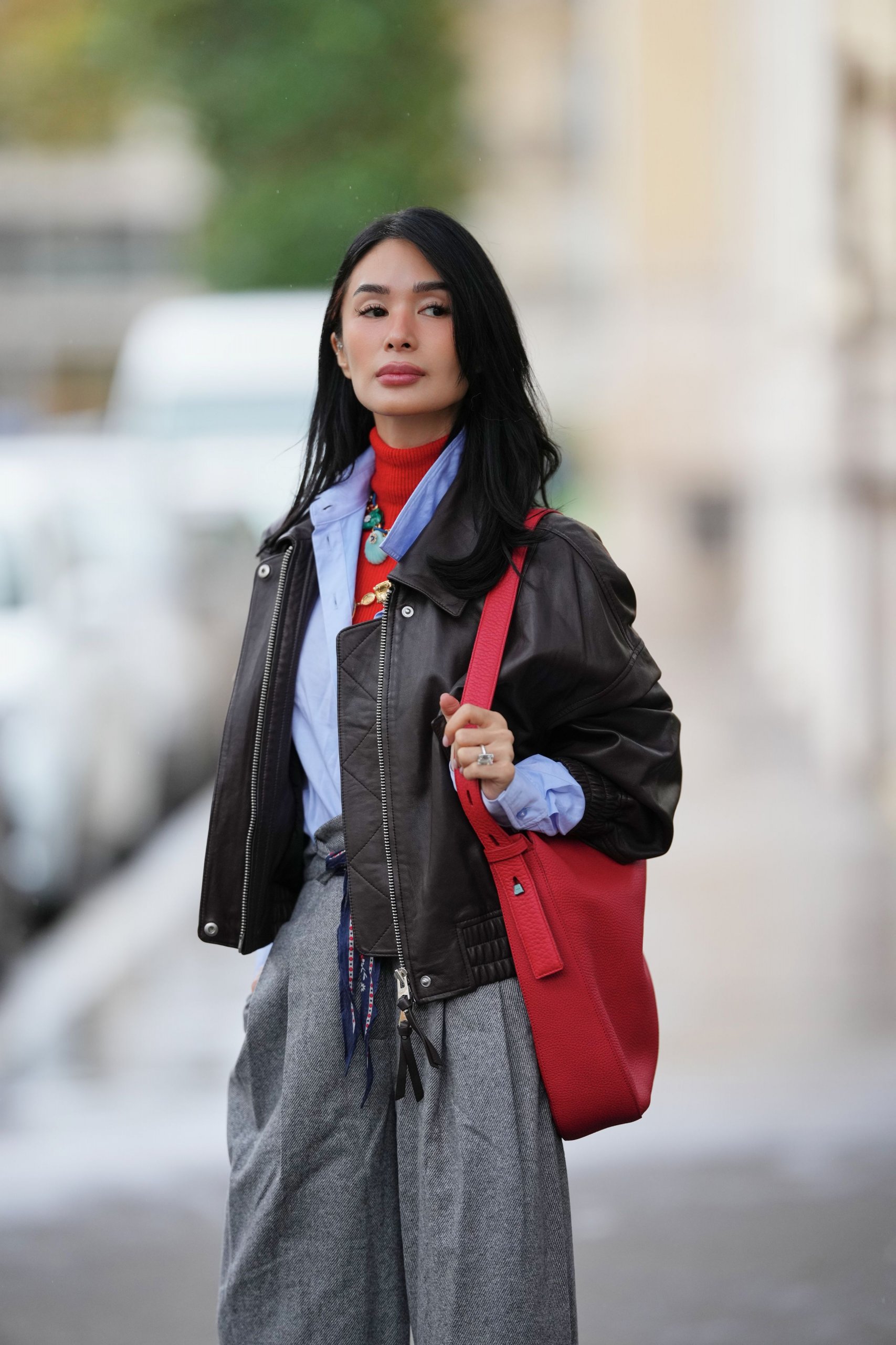 Leather Bomber Jacket Over Button-Down and Turtleneck — Winter Outfits