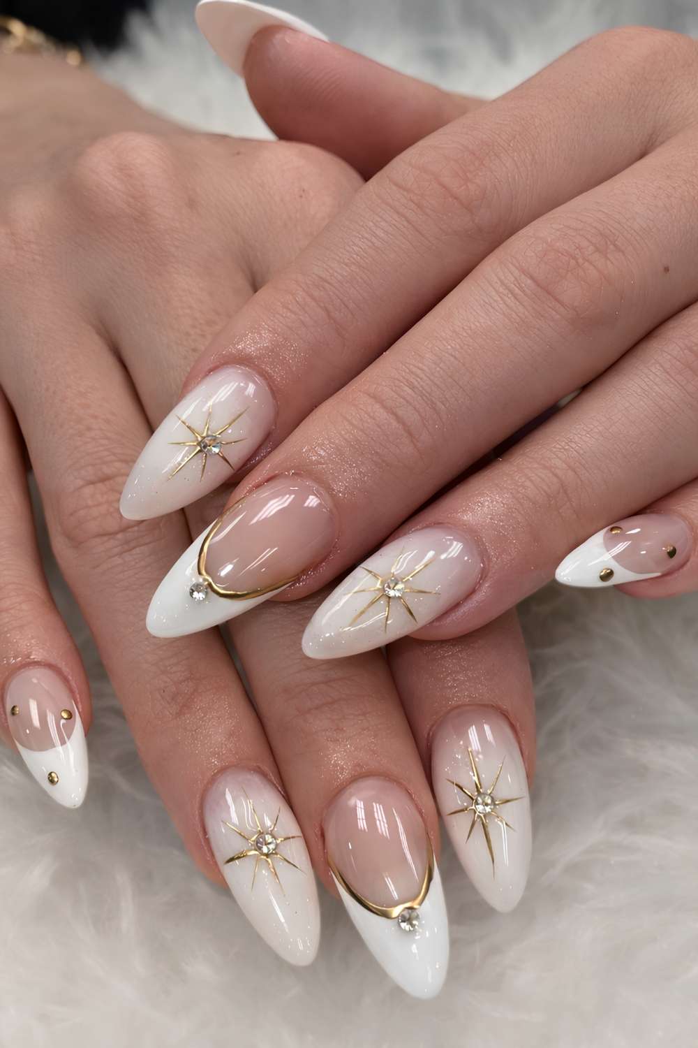 Nude French with Gold Stars and Dots Nude French with Gold Stars and Dots — Winter Nail Art