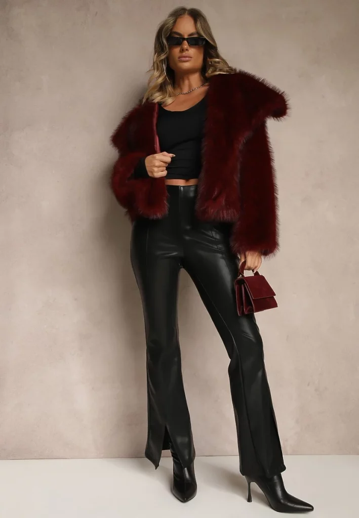 Evening Flared Leather Pants with Burgundy Faux Fur Jacket Evening Flared Leather Pants with Burgundy Faux Fur Jacket — Leather Pants Outfits