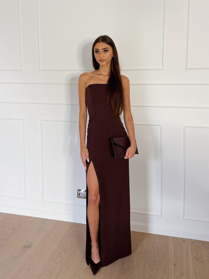 Burgundy Strapless Maxi Dress with High Leg Slit Burgundy Strapless Maxi Dress with High Leg Slit — Winter Formal Dresses