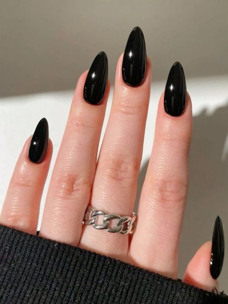 Sleek Almond Glossy Black — Winter Black Nails