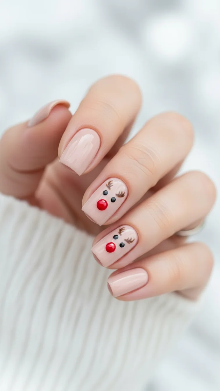 Short Square Nude with Reindeer Faces — Winter Square Nails