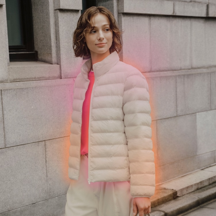Fitted Cream Nylon Puffer Jacket with Contrasting Sweater Fitted Cream Nylon Puffer Jacket with Contrasting Sweater — Winter Jackets for Women