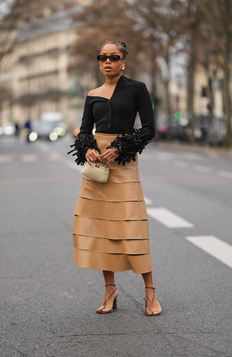 Tan Layered Leather Midi Skirt with Asymmetrical Fringe Top Tan Layered Leather Midi Skirt with Asymmetrical Fringe Top — Leather Skirt Outfits