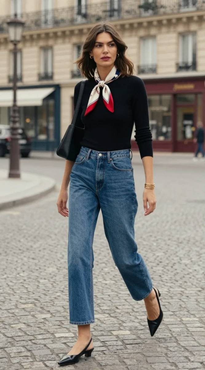 Classic Denim and Knit with a Red, White, and Blue Silk Scarf Classic Denim and Knit with a Red, White, and Blue Silk Scarf — Scarf Outfits