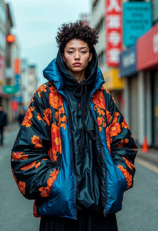 Floral Print Puffer Jacket and Black Hoodie Streetwear — Winter Streetwear Outfits