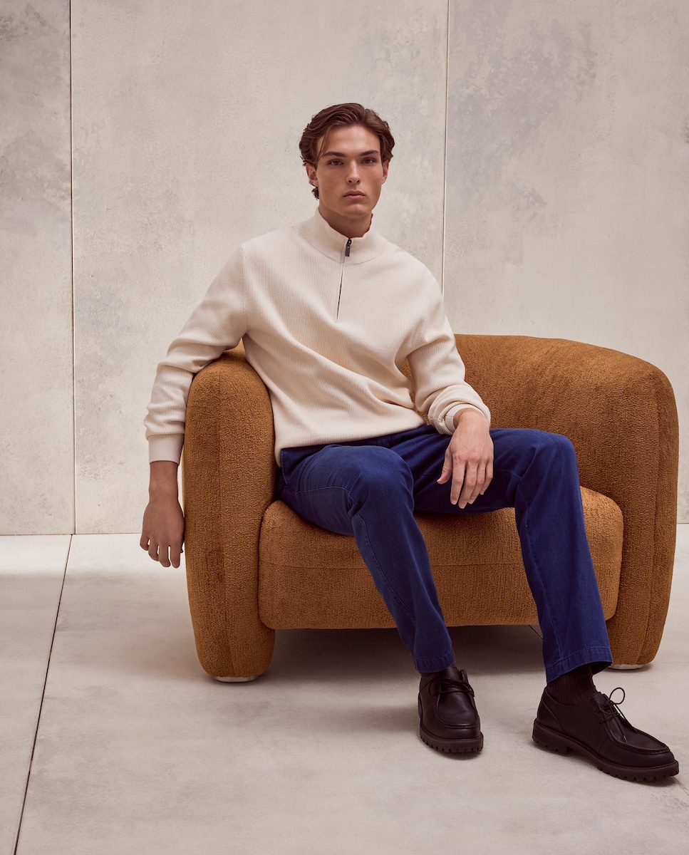 Cozy Texture: Cream Knit Quarter-Zip with Trousers — Winter Outfits for Men