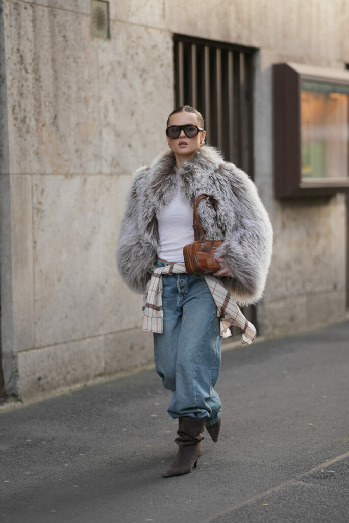 Oversized Grey Faux Fur Coat with Plaid Shirt Detail Oversized Grey Faux Fur Coat with Plaid Shirt Detail — Faux Fur Coat Outfits