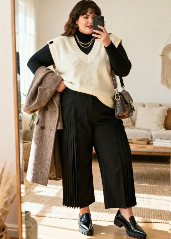 Layered Sweater Vest Over Turtleneck with Culottes — Late Winter Outfits